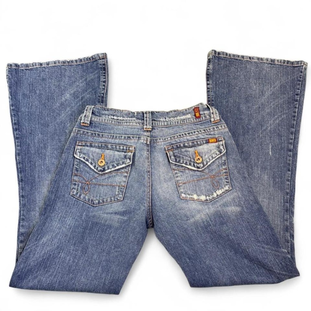 Vintage Y2K Bongo Womens Sz 9 Mid Rise Flare Distressed Blue Denim Jeans Buttons